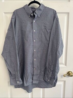 Lands' End Men's Button-Down Plaid Shirt in Green, Purple, and White